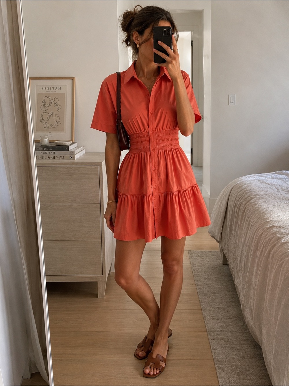 Veronica Beard Greta Smocked Waist Shirt Dress Persimmon Size 4 NWT